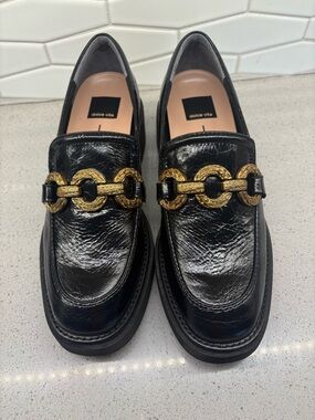 Dolce Vita Black Leather Platform Loafers with Chunky Gold Chain